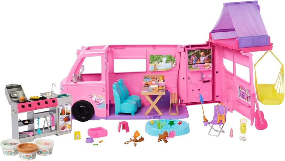 Barbie Dream Camper Playset com barraca de teto, cadeira de balanço, lago de pesca, churrasqueira com recurso de mudança de cor e mais de 60 acessórios, incluindo massa
