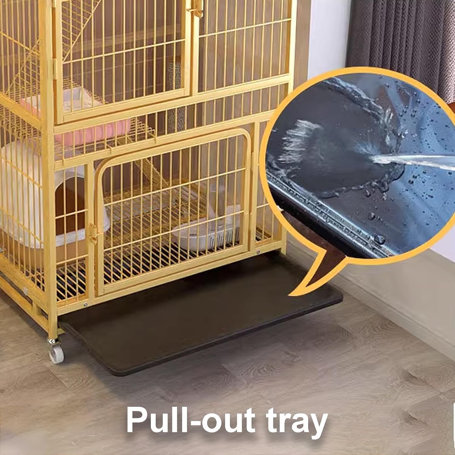 Yellow Cat Cage, Cat Houses for Indoor Cats, Enclosed Cat Playpen, Cat Enclosure with Collision-Proof Lock and Universal Wheels for Small Animals(70x54x117cm)