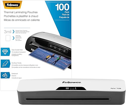 Paquete de Fellowes Ayla 125 con laminador de papel de calentamiento rápido de 1 minuto que incluye kit de inicio de bolsa (5752001) + bolsas de