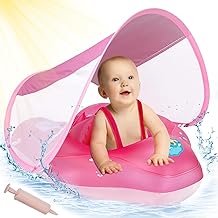 ANSTEN Baby Buoy, Baby Swim Ring 3-72 Months Baby Buoy 1 Year 6 Months Baby Swimming Pool Float Pink with Canopy