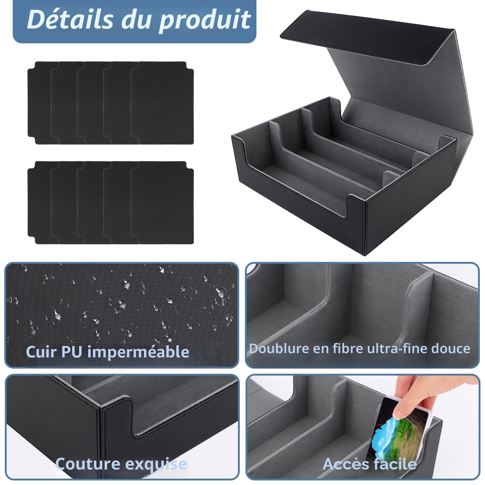 NVIYAM Deck box 1800+ Boîte à Cartes Pour MTG carte Magic,Boîte à Cartes à Jouer avec 10 Séparateurs de Cartes,Noir+Gris Boîte à Rabat Magnétique Avec Cuir Pu Pour Cartes Magic Commander TCG