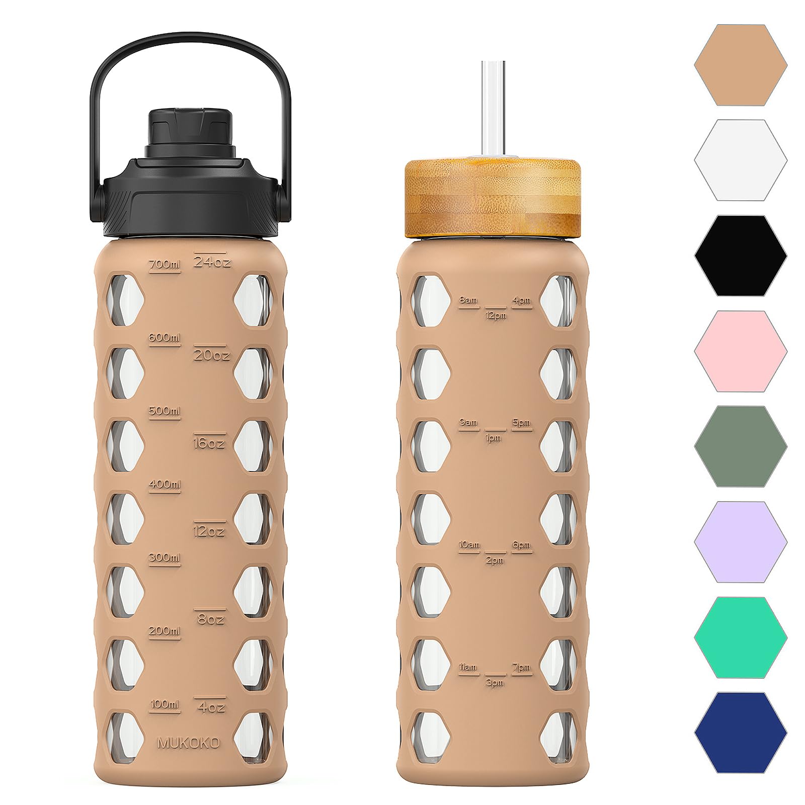 HYDRAGLAZIC 700ML Glass Water Bottle with 2 Flip and Bamboo Straw Lids Sports Water Tumbler with Time Reminder and Silicone Sleeve Leak-proof BPA Free
