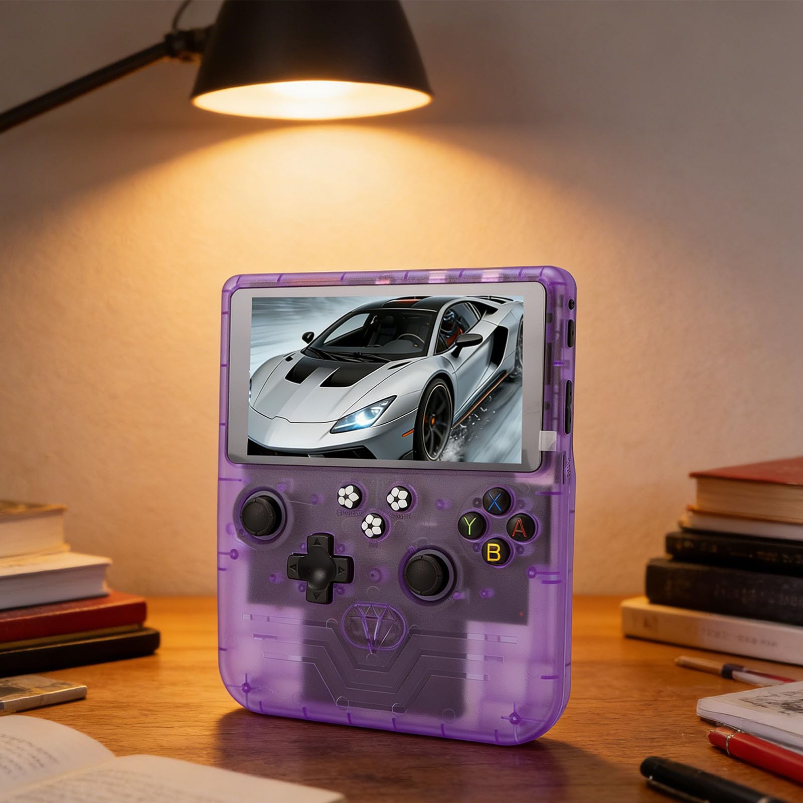 KKPLZZ Console di Gioco Portatile, Schermo HD da 6 Pollici, Batteria da 6000 MAh, Console retrò Portatile con Doppi Joystick RGB, per Oltre 30 Emulatori e Scheda da 128 GB (Viola traslucido)