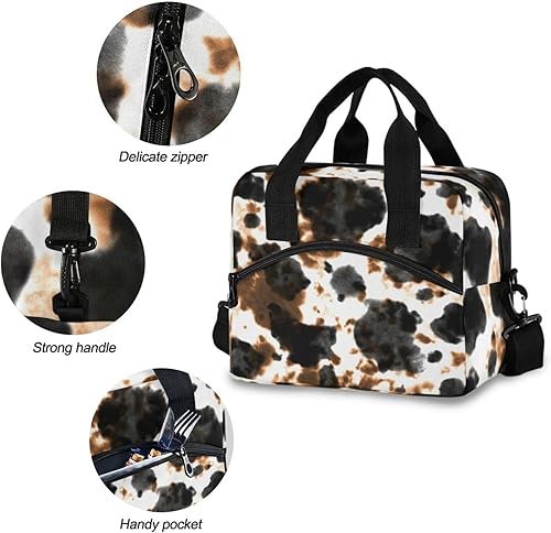 Miniatura 5 de susiyo Bolsa de almuerzo con estampado de vaca marrón y negra, lonchera aislada para mujeres y hombres