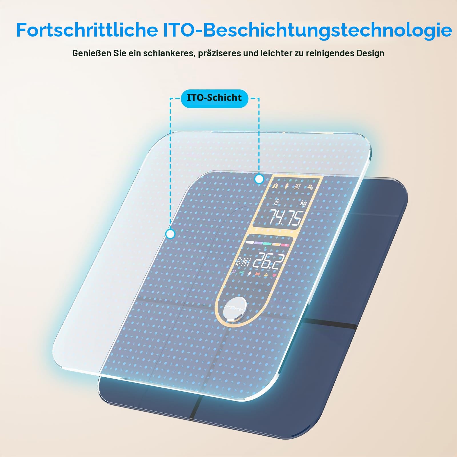 Healthkeep Personenwaage, angeschlossen, Bluetooth, mit 2 VA-Bildschirmen und ITO-Beschichtungstechnologie, 16 Körperdaten mit Herzfrequenz, App, für Android und iOS 180 kg/400 lb, goldfarben
