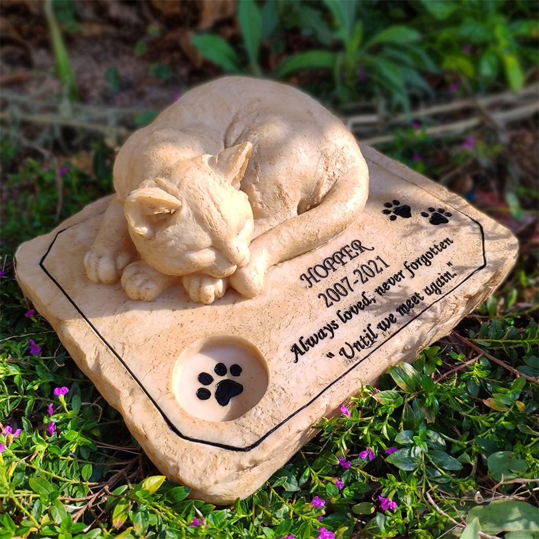 Aveena Cat Memorial Stones Garden Stones, Personalized Cat Memorial Headstones Grave Markers with A Sleeping Cat Statue On The Top, Loss of Cat Memorial Gifts Sympathy Gifts Outdoors, 8"×6.5"×3"