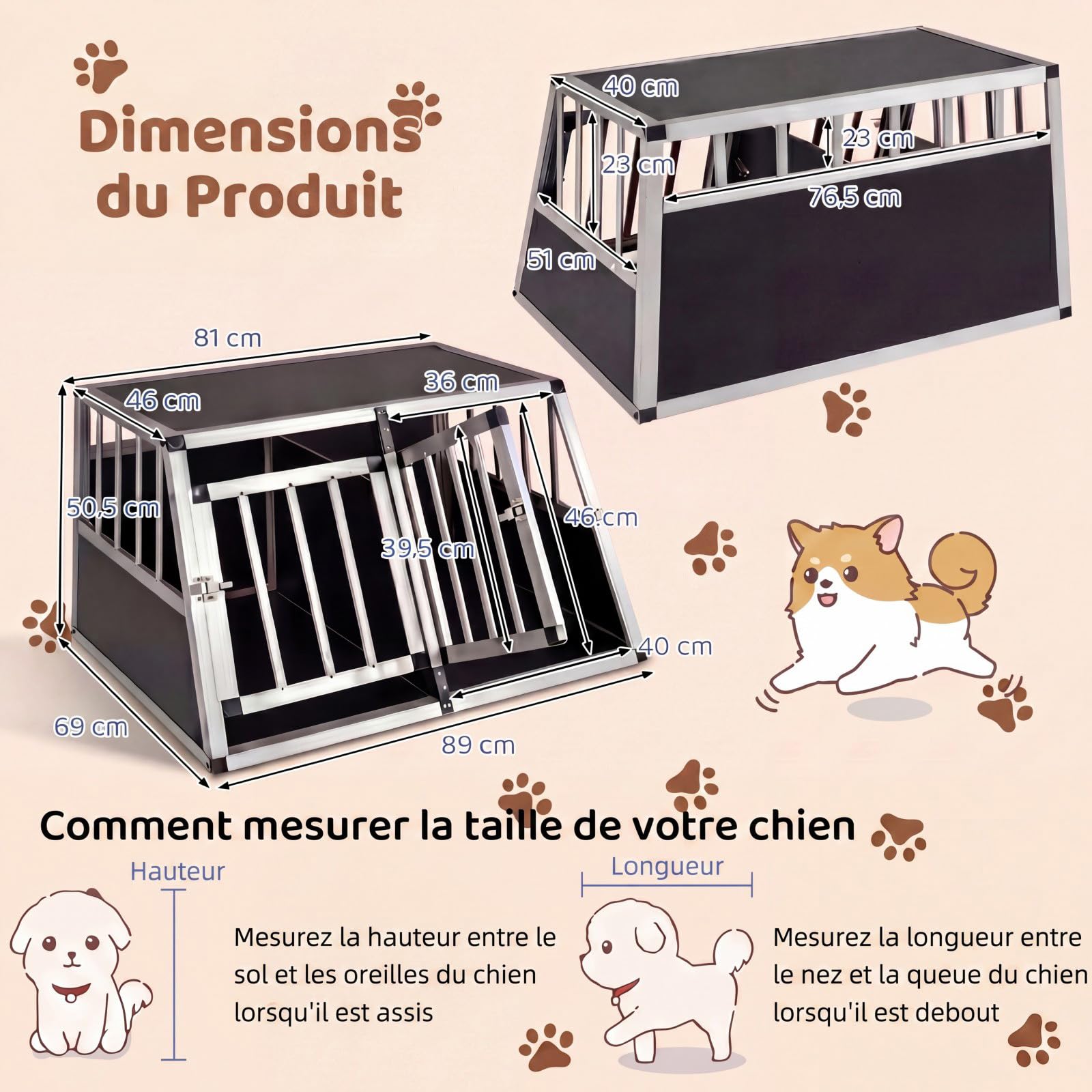 GYMAX Cage pour Chien avec Double Chambre, Séparateur Amovible, Porte Verrouillable, Niche avec Cadre Métallique, Caisse de Transport Voiture Trapézoïdale pour Petits Chiots, 80 x 65 x 48 cm
