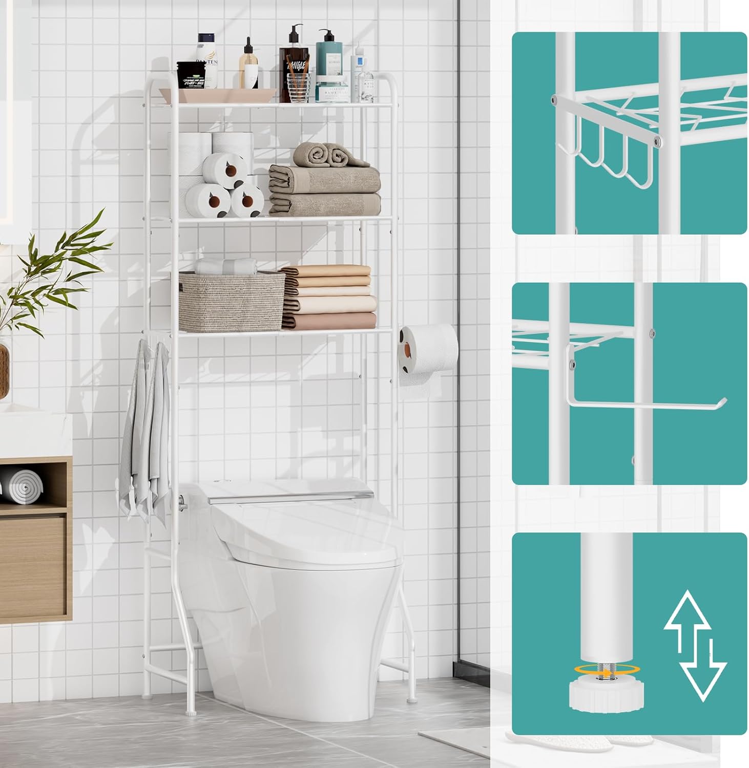 Over The Toilet Storage Cabinet, White Bathroom Organizers, Over Toilet Storage Shelf with Paper Holder and 4 Hooks