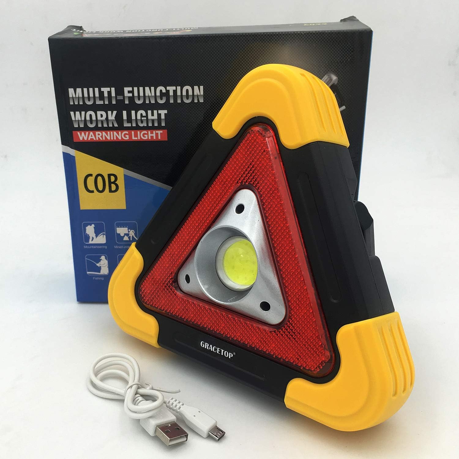 GRACETOP Solar LED Work Light and Road Warning Light, 20W Inspection Lamp with 5 Modes Flashlight for Vehicle Emergency Maintenance with Emergency Beacon