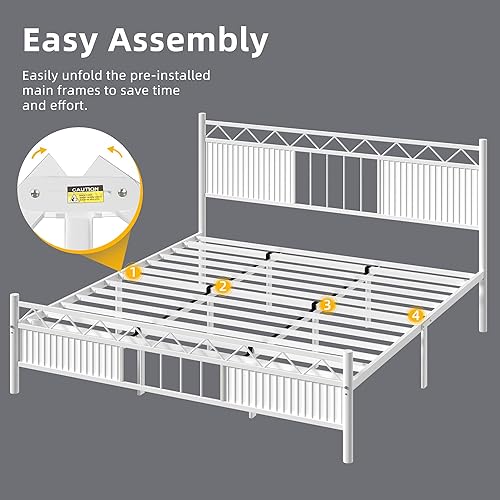 Miniatura 6 de DWVO Marco de cama tamaño King, plataforma tapizada con 4 cajonesestación de carga, cabecera de almacenamiento, marco de cama de metal con listones