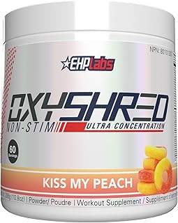 EHPlabs OxyShred Non-Stimulant Thermogenic Pre Workout Powder & Shredding Supplement - Preworkout Powder with L Glutamine & Acetyl L-Carnitine, Energy Boost Drink - Peach, 60 Servings