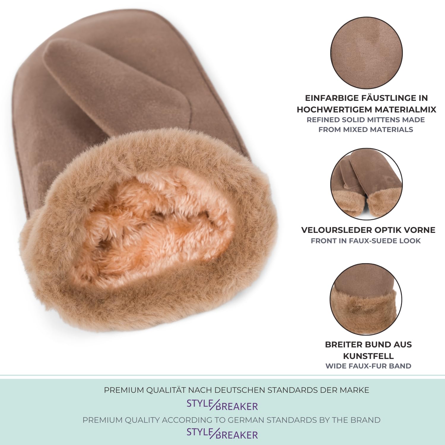 styleBREAKER Damen Winter Fäustlinge aus Veloursleder-Optik mit weichem Kunstfell-Bund - Warme Fausthandschuhe 09010048