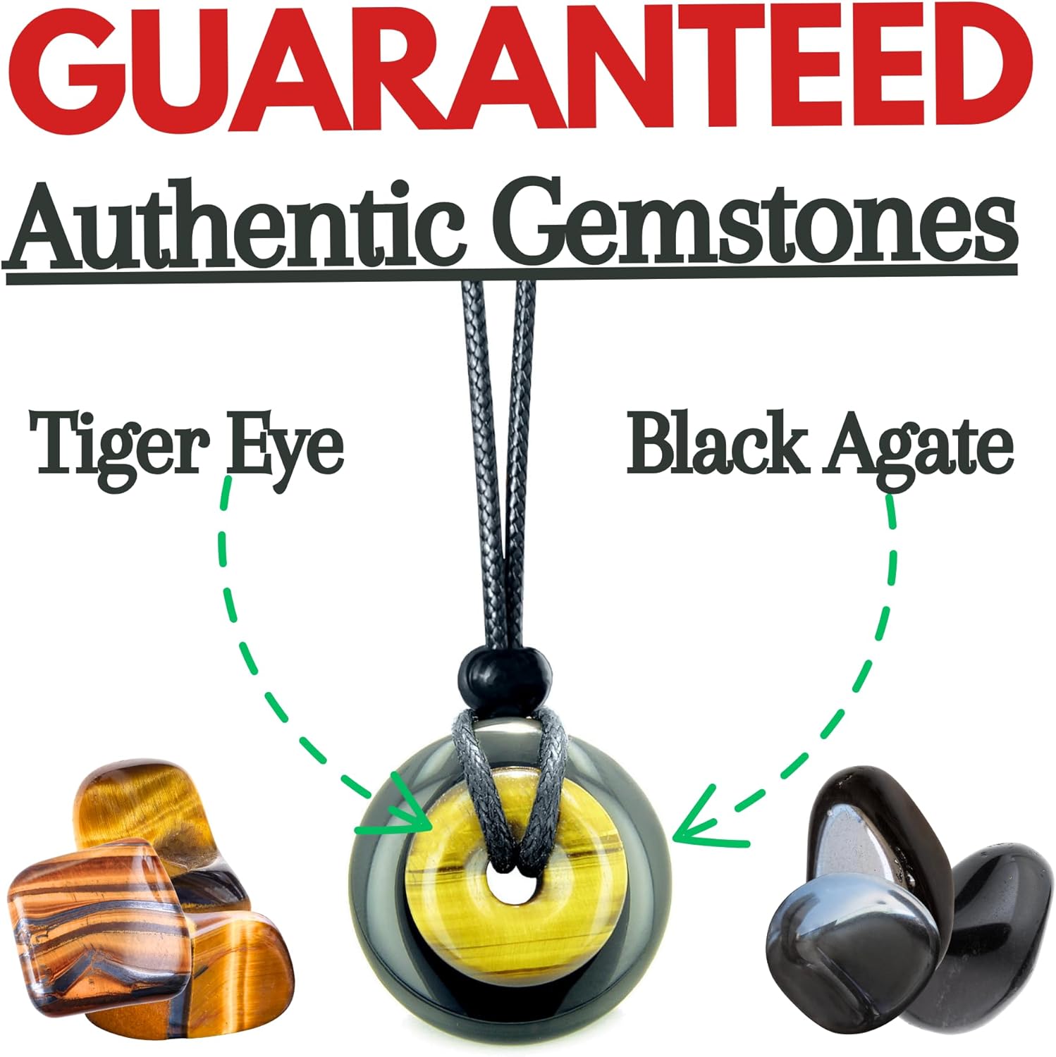 Double Lucky Donut Necklace - Real Gemstones and Crystals - Good Luck and Spiritual Powers Coin Shaped Circle Amulets - Adjustable Black Cord - Positive Energy Gift for Women and Men - Image 3