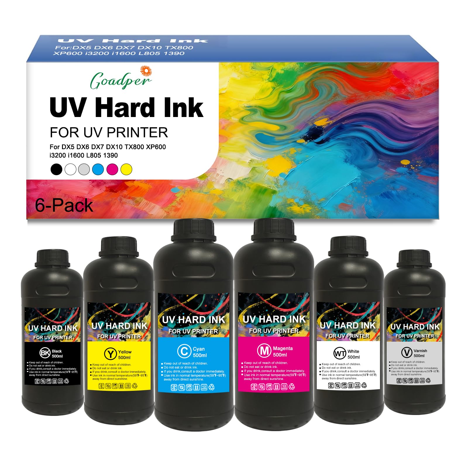 UV Hard Encre 500ml Hard UV Ink Compatible pour I3200 XP600 TX800 DX4 DX5 DX6 DX7 DX10 i1600 L805 1390 Tête d'impression pour Matériaux durs Acrylique, Bois,Verre etc（6 Pack）