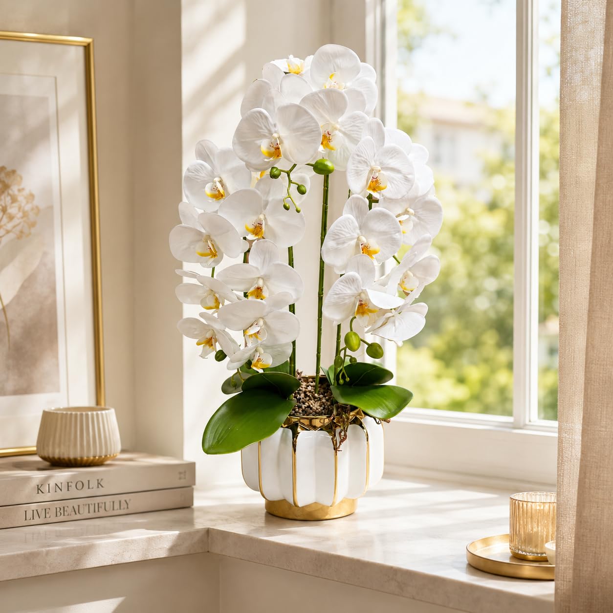 PASCH® XXL Orchideen künstlich in Hochglanz-Keramiktopf (72cm) | Kunstblumen im Topf | Kunstblumen wie echt | künstliche Orchideen im Topf | künstliche Blumen im Topf