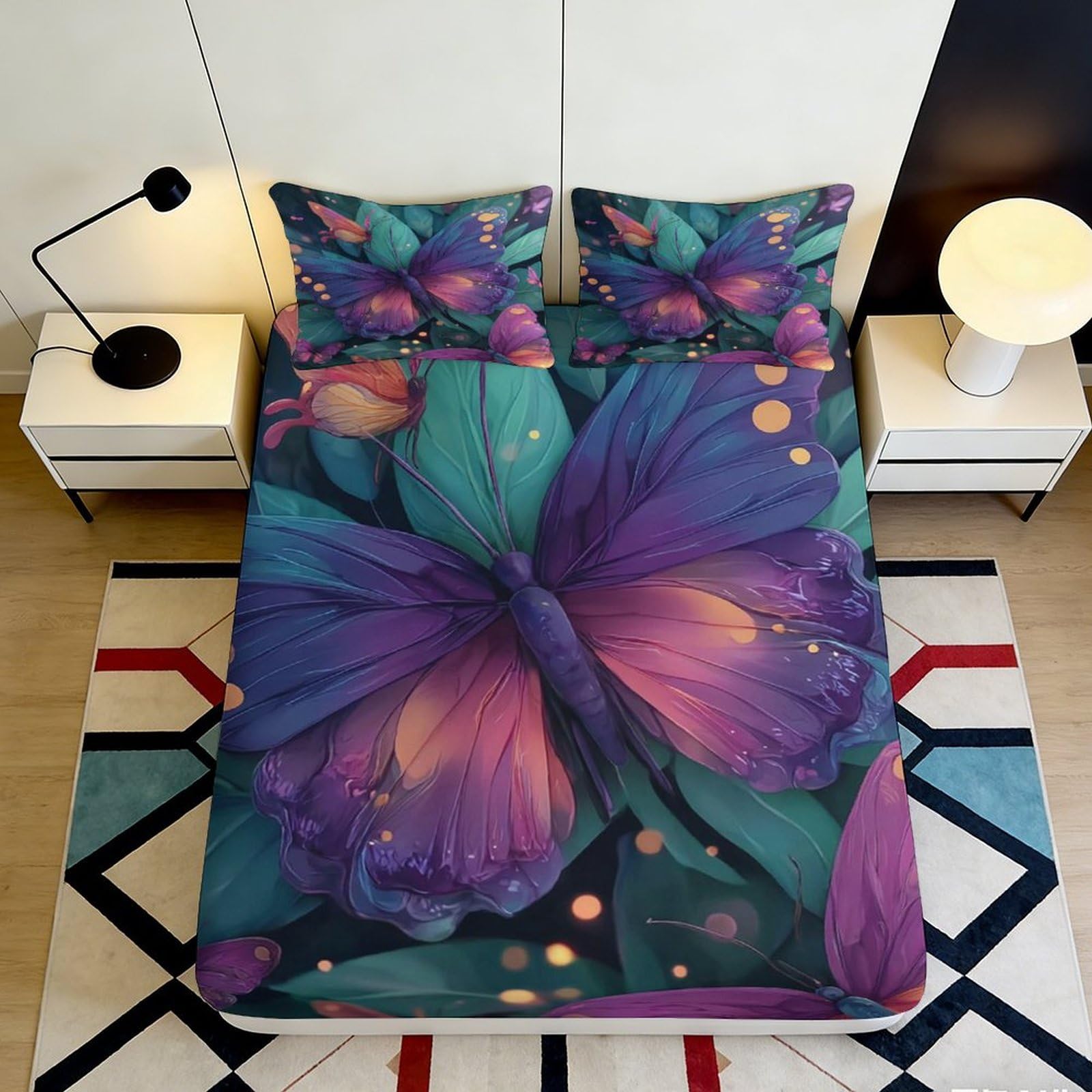 3D Printed Purple Butterfly Fitted Sheet Microfiber Soft Mattress Cover for Bedroom Dorm Artistic Bed Decor 120x200cm 120x200x25cm
