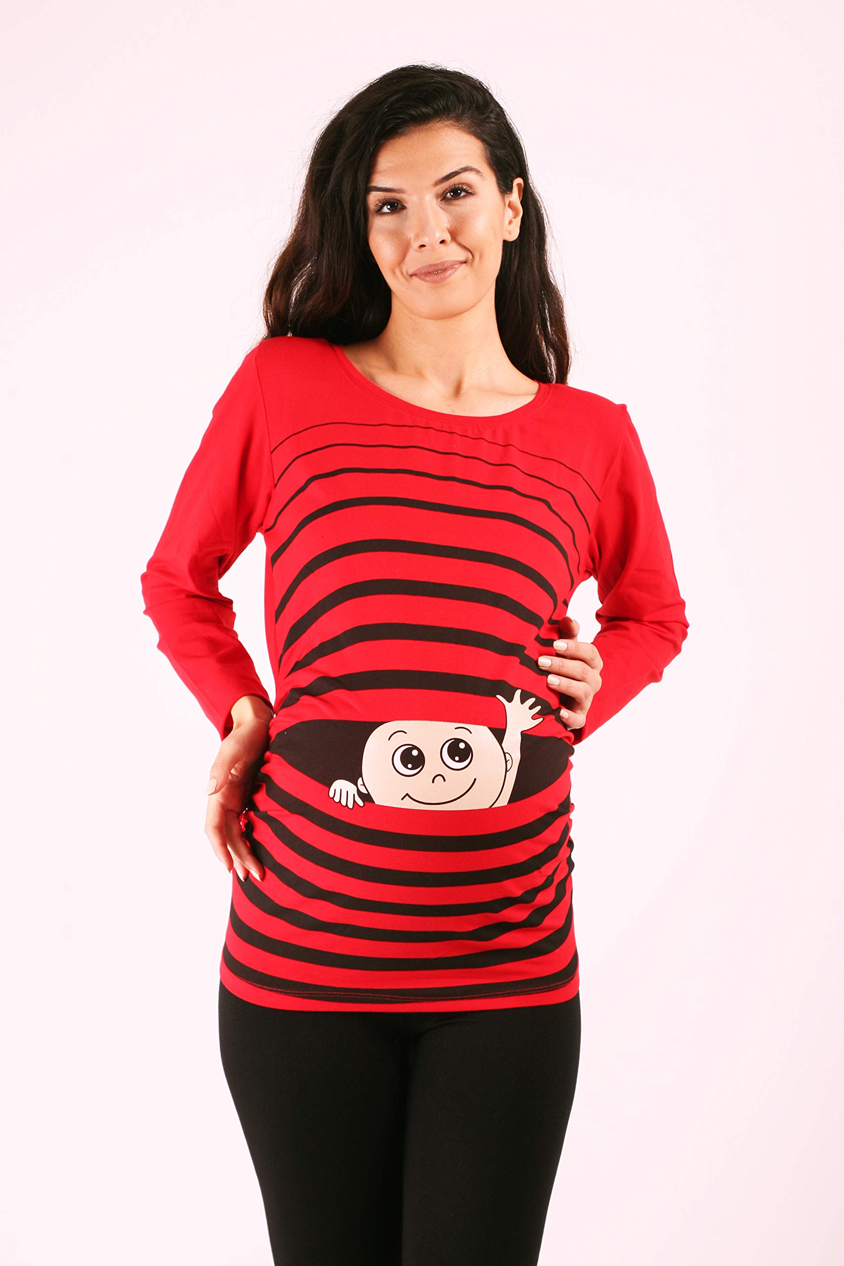 M.M.C. Ciao Ciao - Simpatica graziosa T-Shirt Premaman Manica Lunga per la Gravidanza (Rosso, Medium)