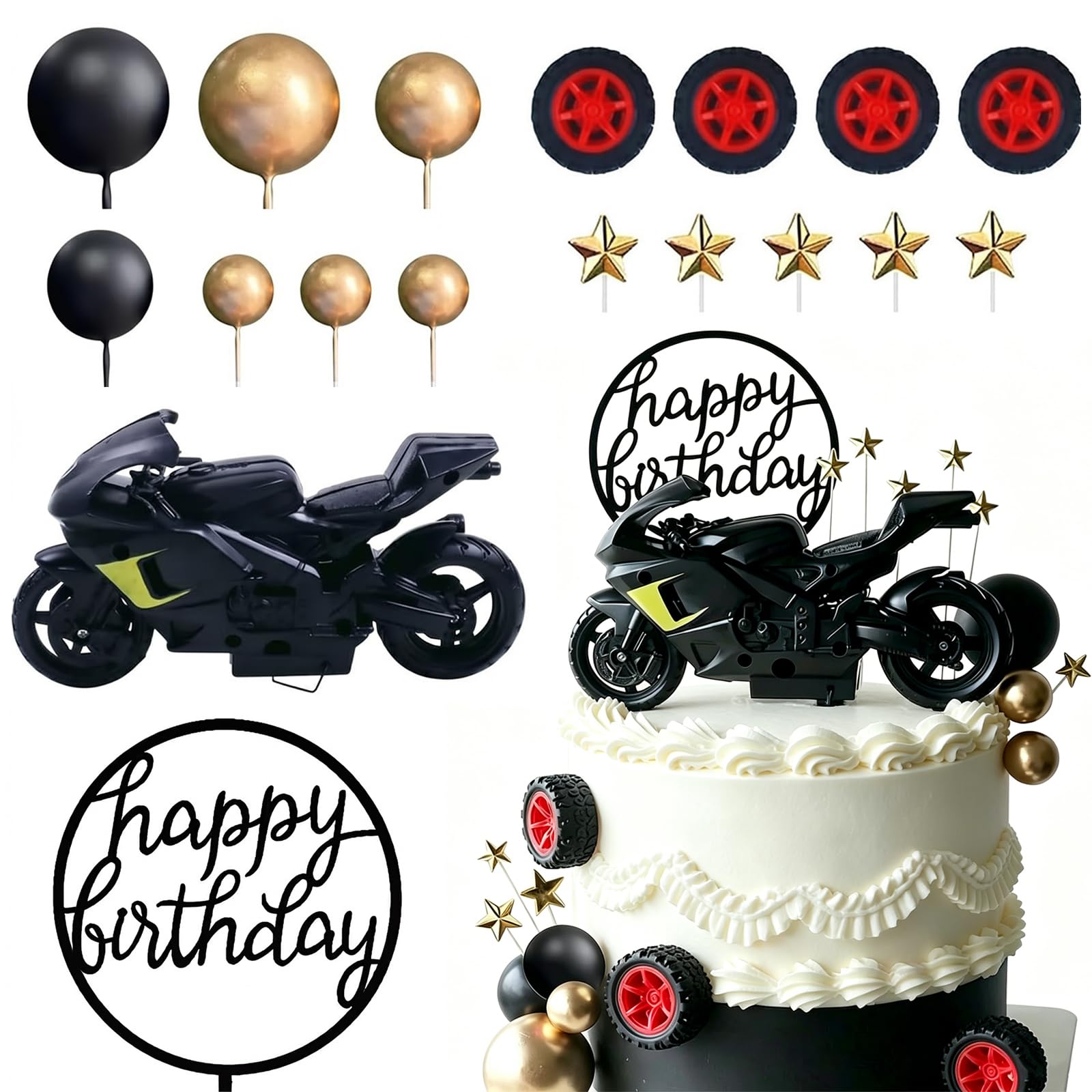 Jungle Ocean Animal/Car/Highland Cows/Mushrooms Cake Toppers Set, Safari Wild Cake Decorations, 3D Lifelike Figurines Grass Tropical Leaves For Kids Birthday Baby Shower Party (Motorbike)