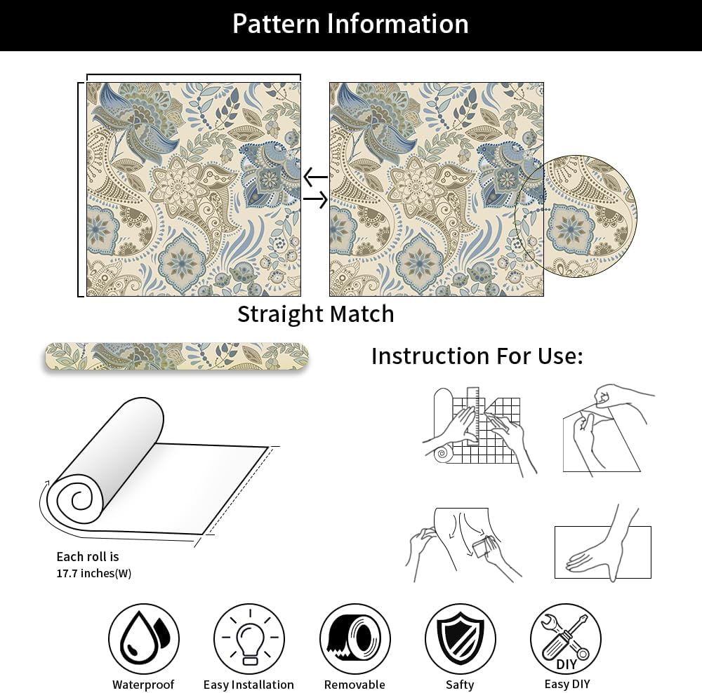 18"x236" Boho Vintage Yellow/Blue Paisley Flower Peel and Stick Self Adhesive Wallpaper Removable Contact Paper Stick on Easy Peel Off Wall Paper for Kitchen Bedroom Bathroom Renter