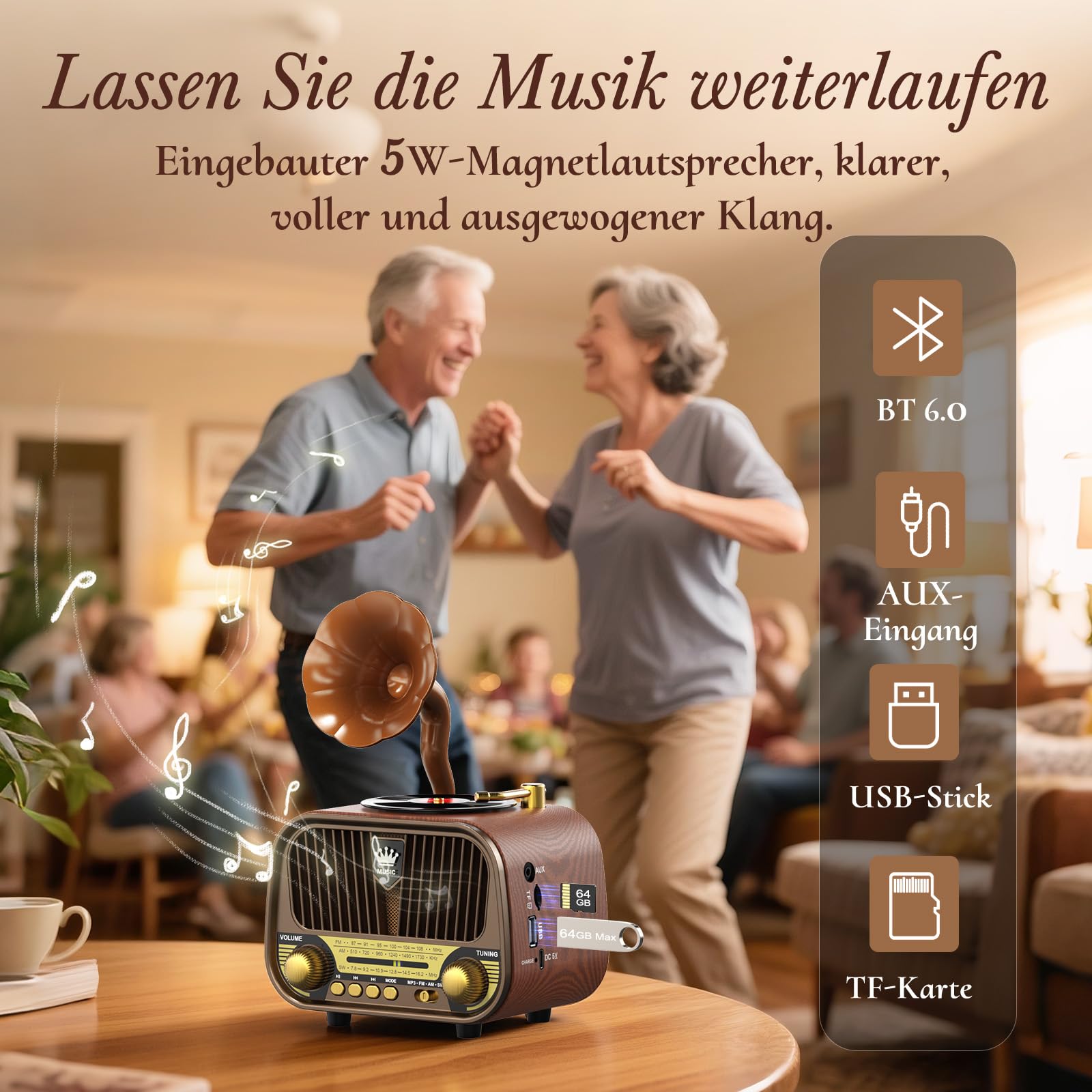 PRUNUS J-190 Retro Radio Klein AM/FM/SW, Nostalgie Radio mit Akku 1800mAh, Kofferradio mit Bluetooth 6.0, Unterstützt USB/TF/AUX Funktion, großem 5-W-Lautsprecher für Büro Zuhause.