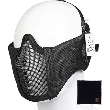 Amazon キャット ハンド ハイブリッド フェイス ガード ハーフ メッシュ マスク サバゲー サバイバルゲーム 曇らない 頬付け しやすい 2バンド 式 ブラック 耳あて付 フェイスマスク 通販