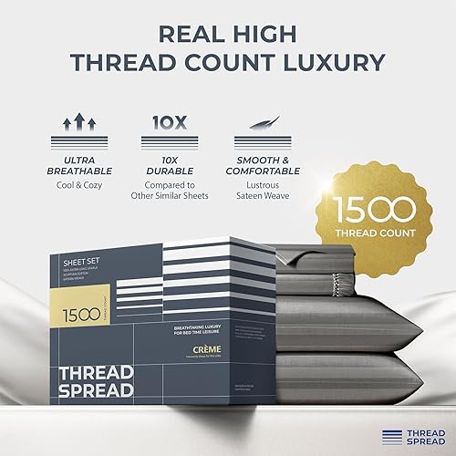 Miniatura 33 de THREAD SPREAD Sábanas 100% de algodón egipcio, tamaño Queen, 1500 hilos, 4 piezas, algodón egipcio, sábanas de lujo de tejido satinado, sábanas