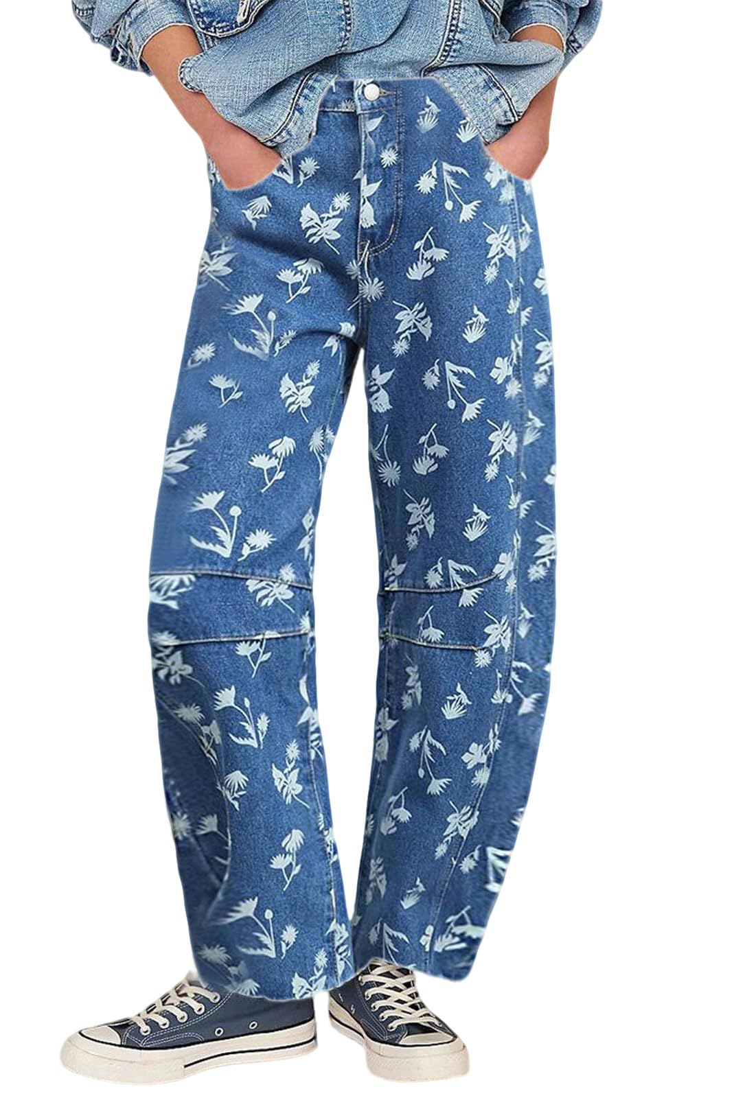 loveimgs Women Casual Baggy Floral Barrel Jeans Y2k Boyfriend Mid Waist Flower Printed Jeans Patchwork Wide Leg Denim