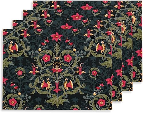 Miniatura 11 de Juego de 4 manteles individuales de 12 x 18 pulgadas, diseño de colibrí azul marino/verde, flores blancas doradas, lavables, gruesos, manteles Azul