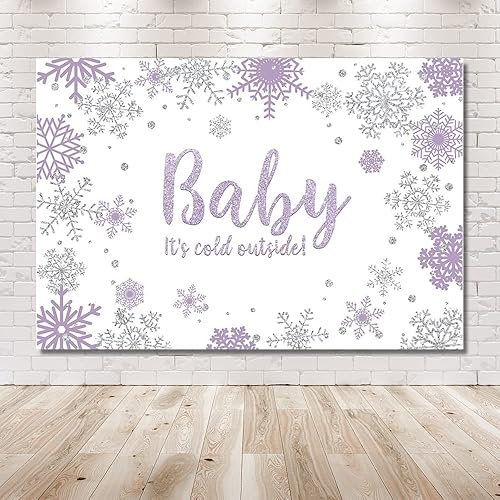 Miniatura 6 de MEHOFOND Fondo de fotos de baby shower de invierno para niña, accesorios de fondo de copos de nieve morados y plateados, decoración de fiesta,