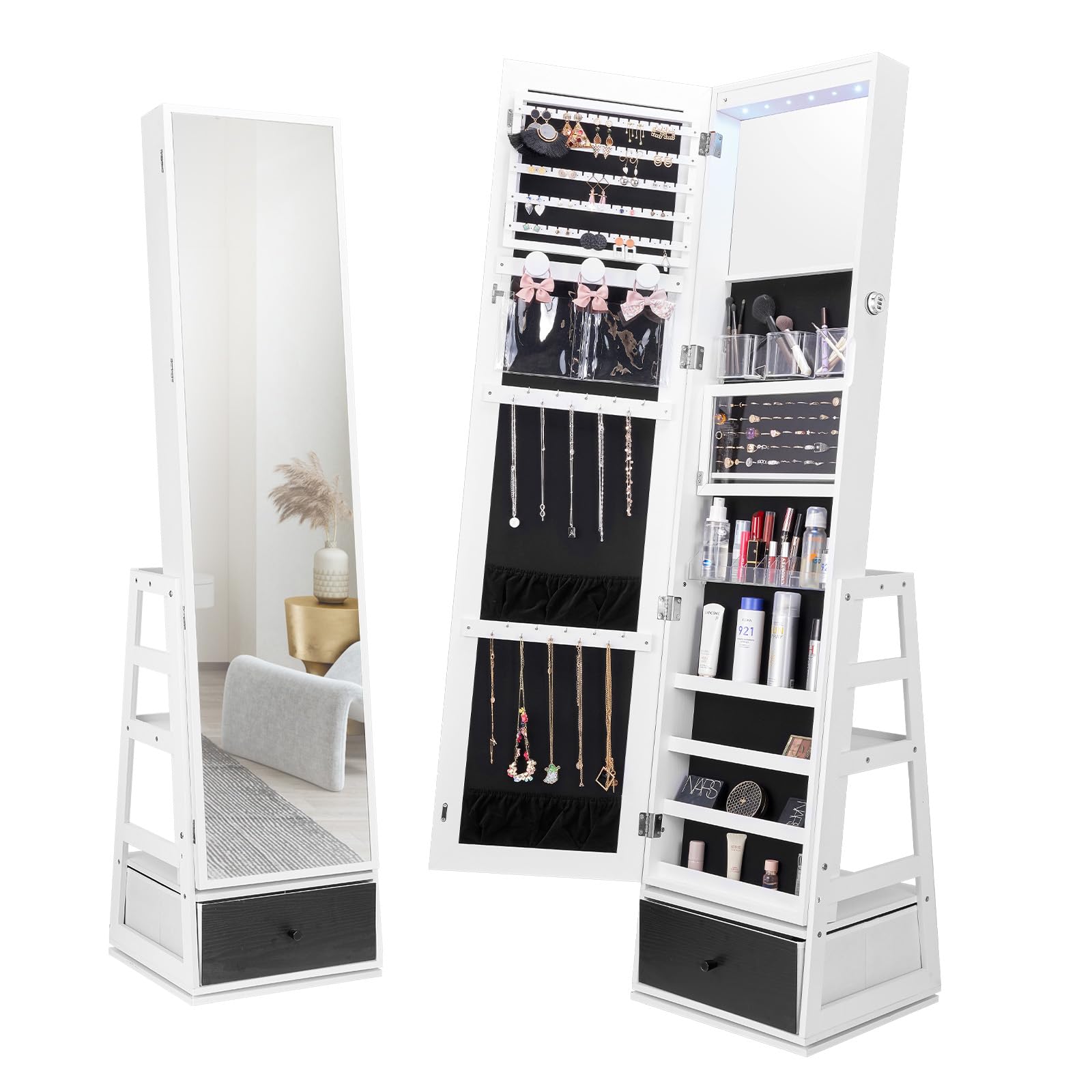 VEVOR VEVOR Armario para Joyas con Espejo Giratorio de 360°, Organizador de Espejos 390 x 367 x 1600 mm para Joyas con Cerradura y Espejo de Cuerpo Entero, Forro de Terciopelo, Luz LED, Cajón, Blanco