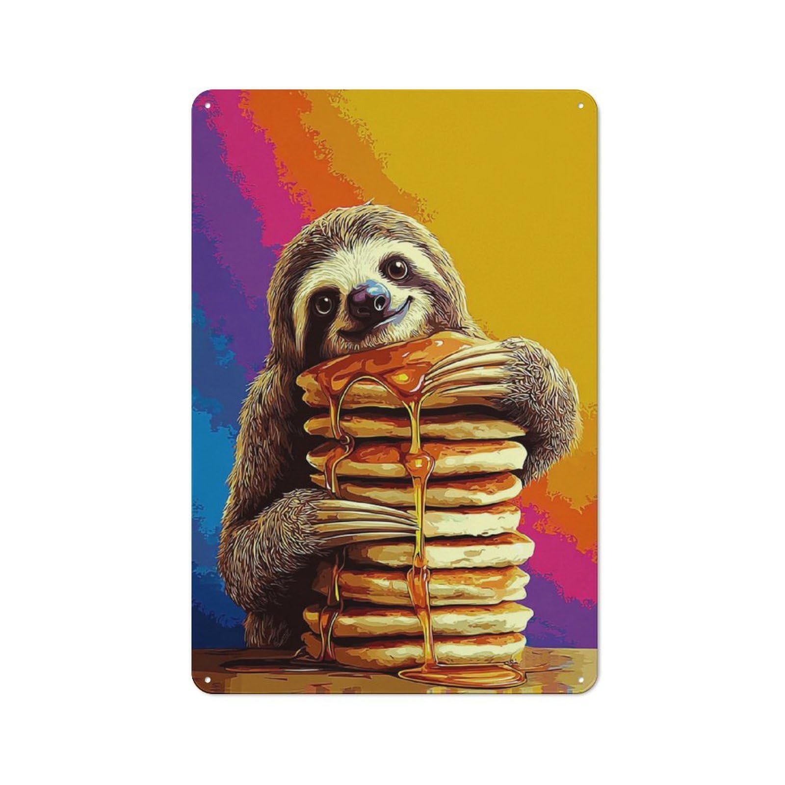Junmoney Sloth Devouring Pancakes -1 Garden Room Metal Sign With Design 30X20cm, Rustic Porch Wall Decor For Patio Bar, Workshop, Shed Or Kitchen