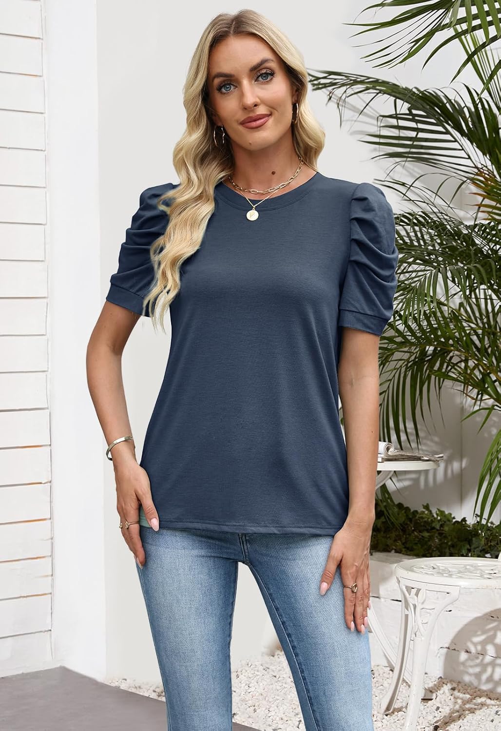 Women's Puff Short Sleeve Tops Crew Neck Spring Summer 2026 Trendy Outfits Casual T Shirts Beach Fashion Clothing - Image 4