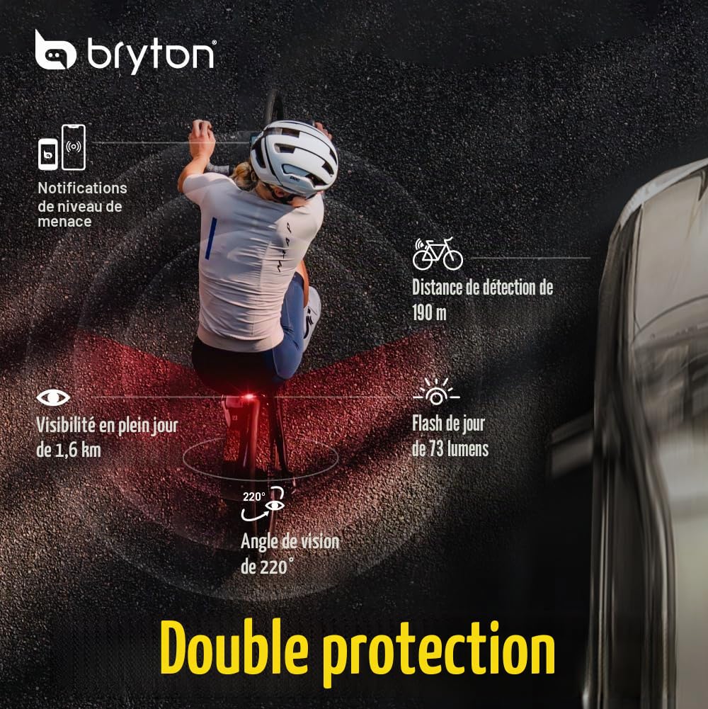 Bryton GARDIA R300L Radar de Vélo avec Feu Arrière – Alertes Visuelles et Sonores, 190 mètres, 220°, Compatible Application