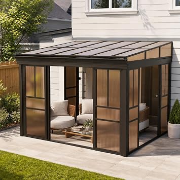 EROMMY 8x12 Lean-to Sunroom Gazebo, Enclosed Patio Shelter with Sliding Doors, Polycarbonate Roof and Brown-Tinted Panels, Aluminum Frame for Backyard