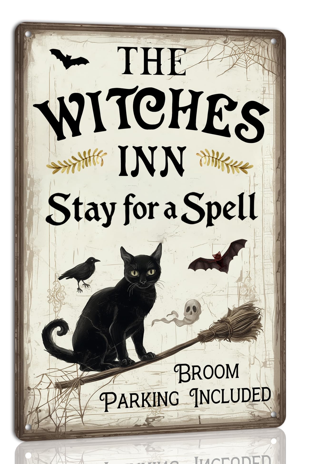 SMAZDFXX The Witches Inn Stay for a Spell Halloween Metal Tin Sign Vintage Design Indoor/Outdoor Decoration for Farmhouse Halloween Home Cafes Kitchen Wall Decor 12"x16"