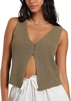 Faretumiya Women Y2k Button Down Crochet Knit Vest Sleeveless Hollow Out Crop Tops Vintage Casual V-Neck Versatile Streetwear(Z-Button Knitted Vest Navy Green,Small)