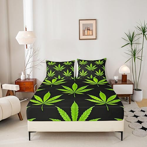Miniatura 2 de Erosebridal Sábana bajera ajustable de hojas de marihuana, sábana de hoja de cannabis para adultos, juego de ropa de cama rústica de hojas exóticas