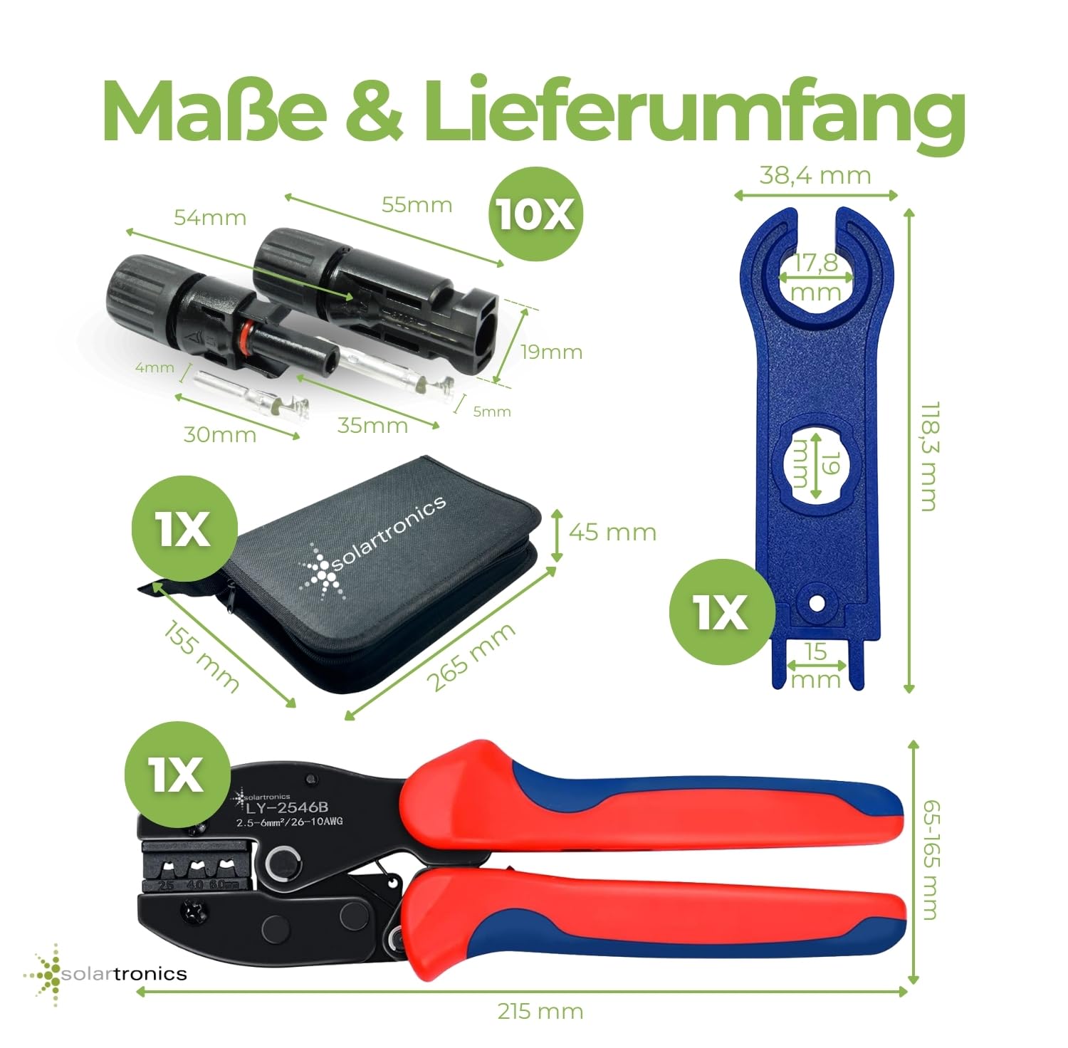 SOLARTRONICS Lot de 10 paires de pinces à sertir - Connecteurs solaires mâle/femelle - Connecteurs pour câble solaire de 4 mm² à 6 mm² - Avec clé de serrage solaire et pince