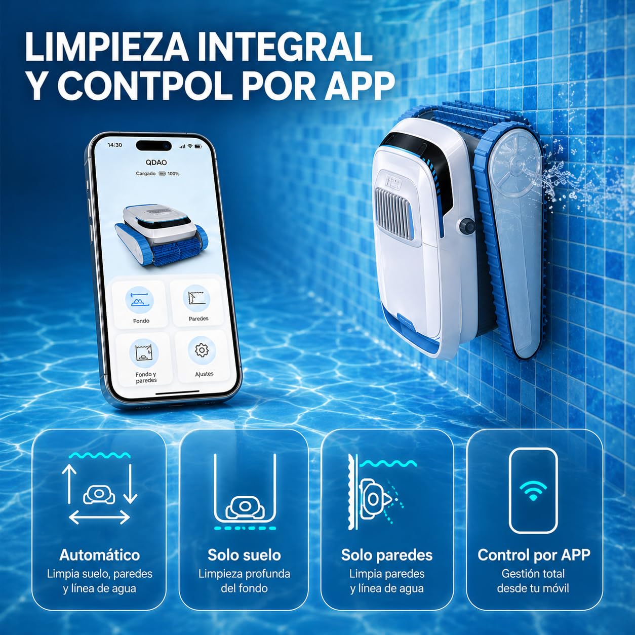 QD40 Robot limpiafondos Piscina sin Cable batería 120 min – Limpia Fondo, Paredes y línea de Agua, navegación Inteligente, Auto Parking, App Bluetooth, Filtro 4L Alta Capacidad