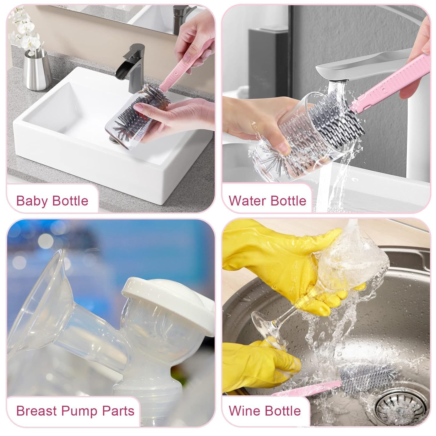 Parssufy Portable Baby Bottle Brush Kit Travel Feeding Bottle Cleaning Set Nursing Bottle Cleaner with Extendable Silicone Bottle Brush/Nipple Brush/Straw Brush/Drying Rack/Soap Dispenser/ (Pink) 3