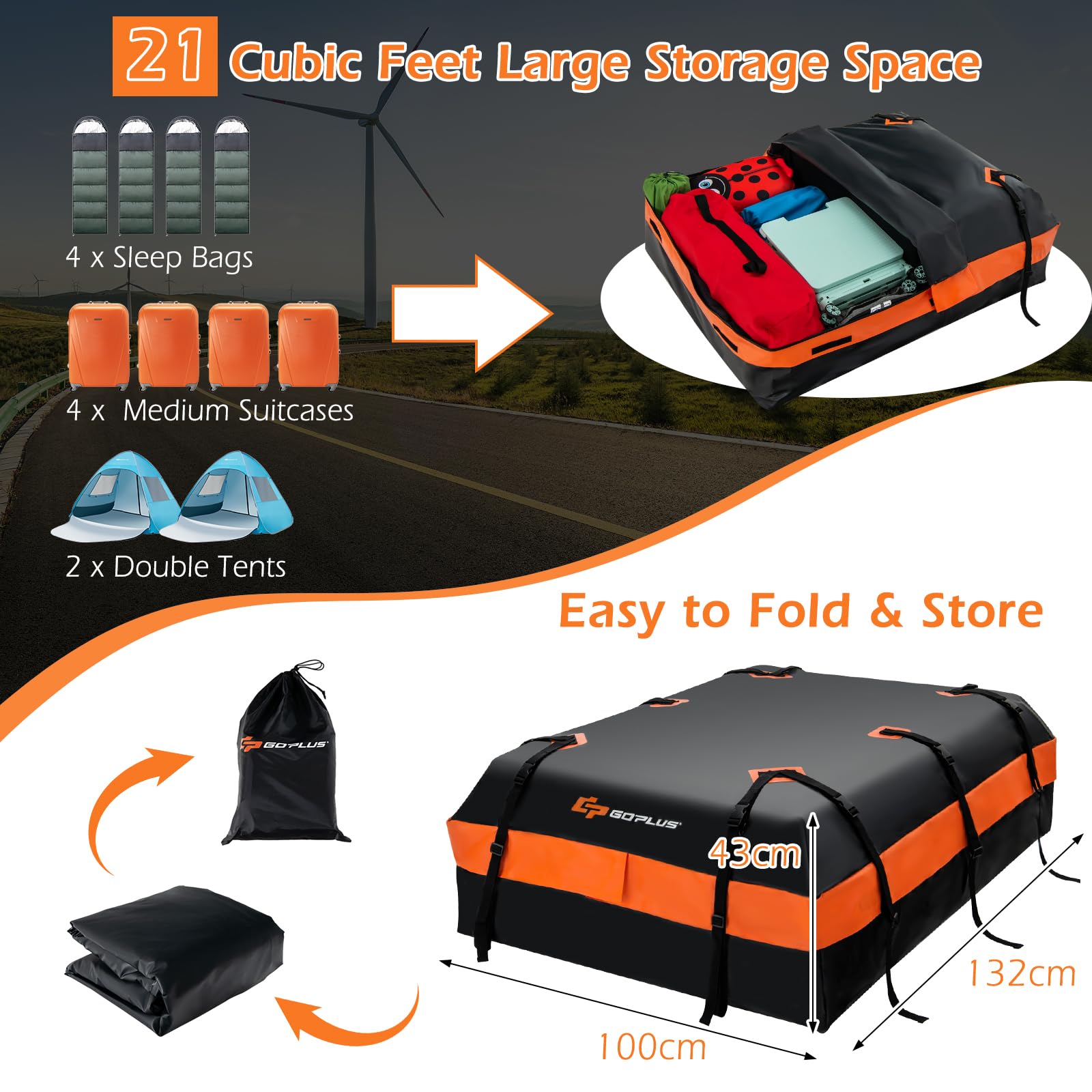 GOPLUS Baúl de techo para coche de 600 L, plegable, impermeable, con 10 correas reforzadas, 6 ganchos para puerta, alfombrilla antideslizante y bolsa de almacenamiento, bolsa de techo para vehículos