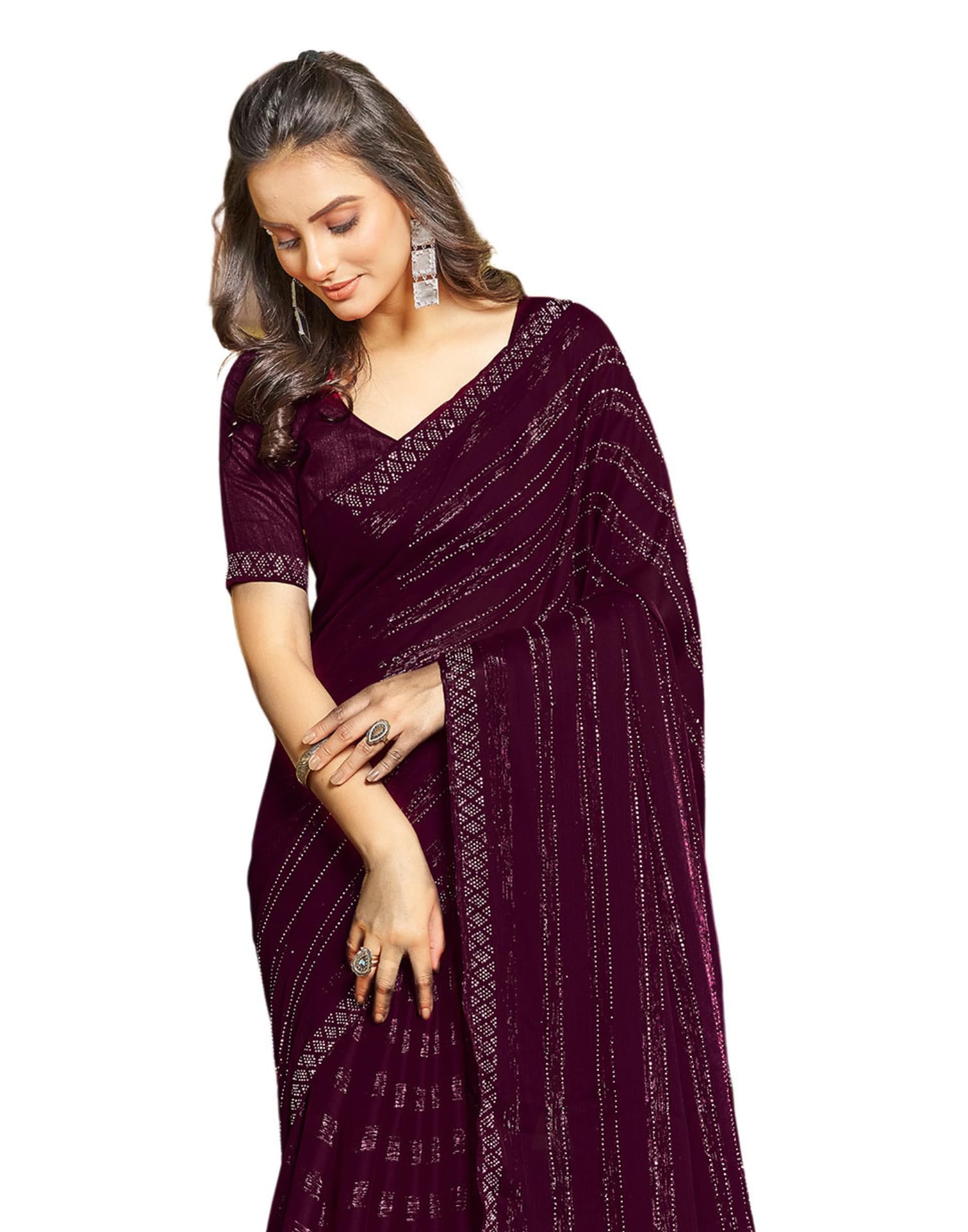 SIRIL Women's Chiffon Hot Fixing Stone Work Saree With Unstitched Blouse Piece
