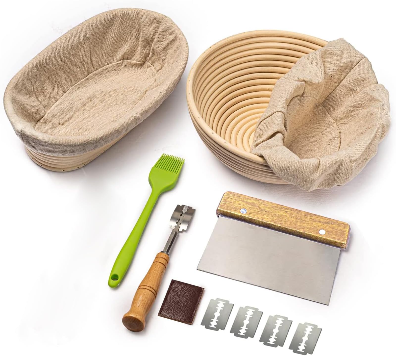 Bread Banneton Proofing Basket Set of 2, 9 Inch Round & 10 Inch Oval Cane Sourdough Baskets with Bread Lame + Dough Scraper + Linen Liner + Basting Brush for Bread Making Baking Fermentation