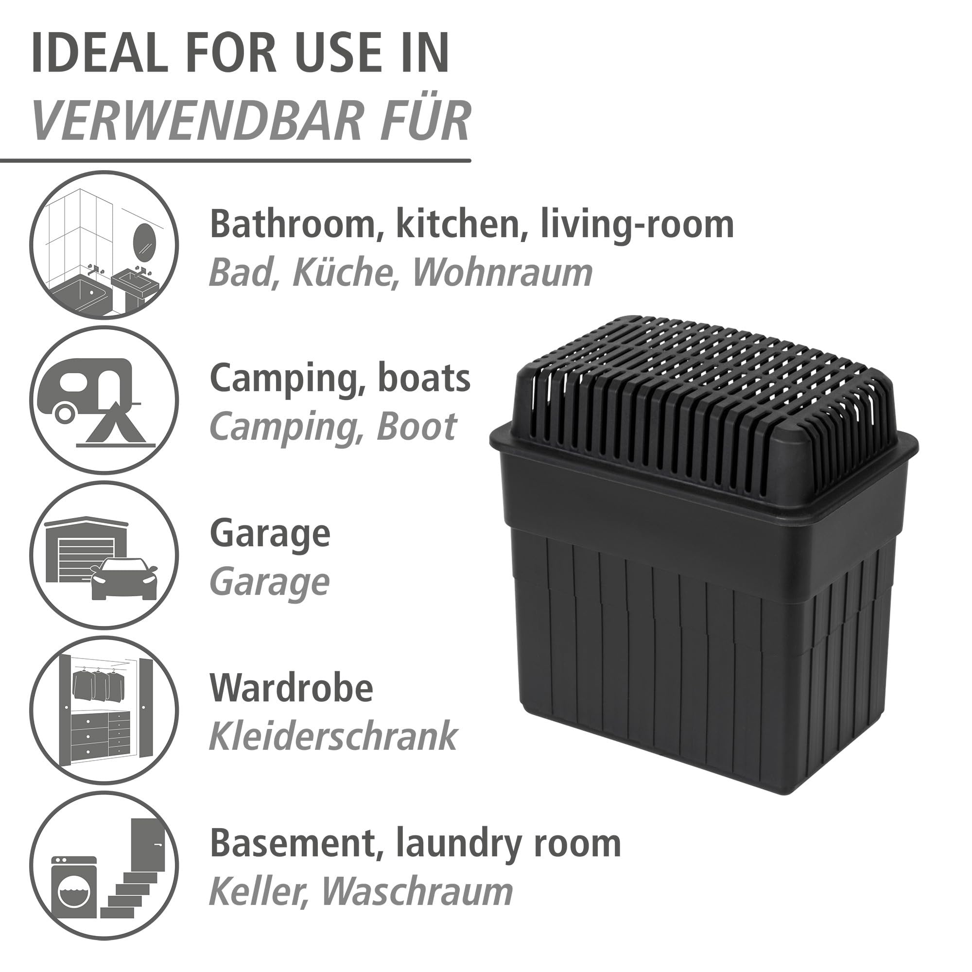 WENKO Feuchtigkeitskiller, Luftentfeuchter mit 2 kg Granulat-Block, ideal für Bad, Garage, Keller, nachfüllbar, 24 x 16 x 15 cm, Schwarz (Packung mit 2)