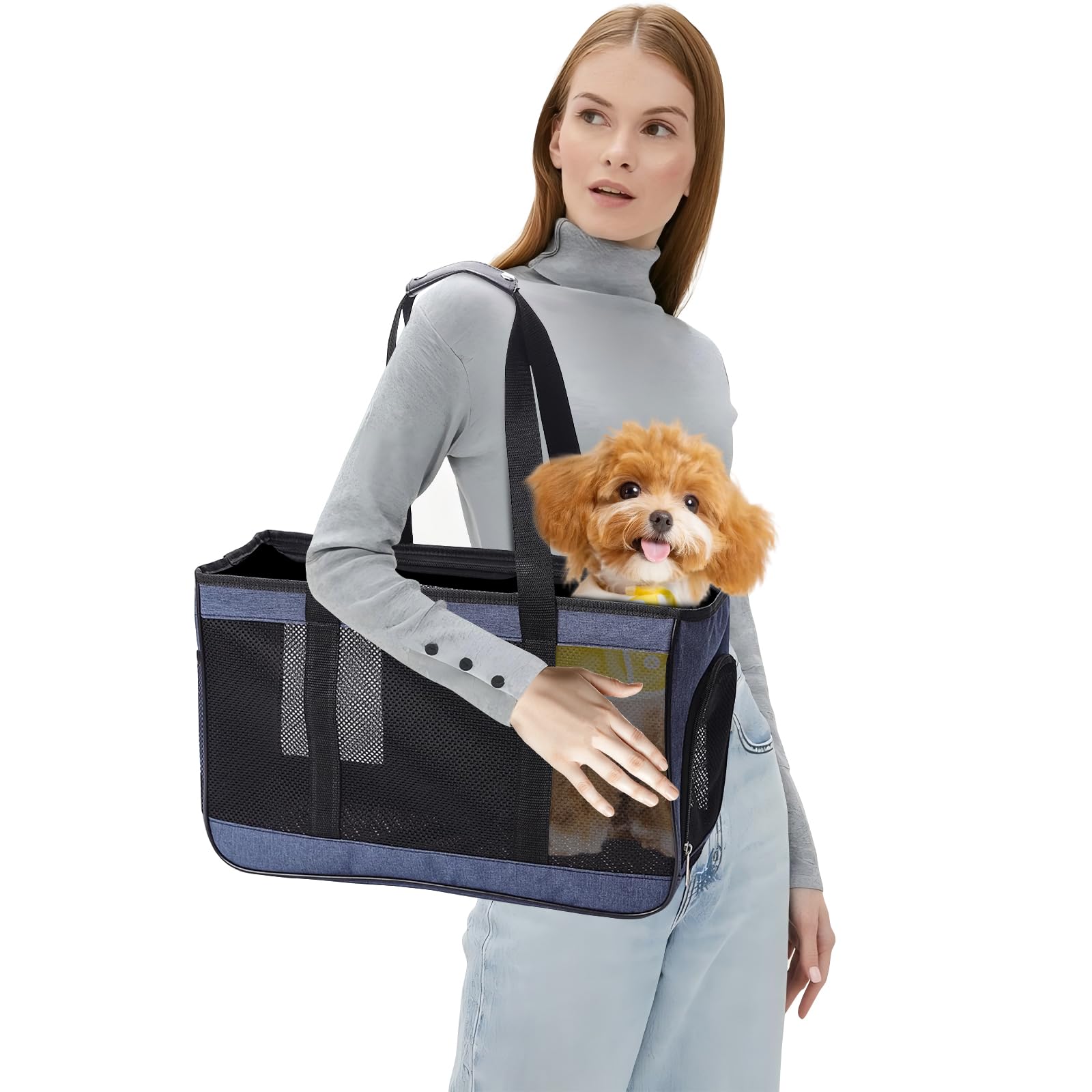 PETCUTE Transportín Perro Gato,Respirable Transporte de Gato con Correa de Seguridad Interior y Bolsill,Bolsa de Transporte para Mascotas con Colchón Suave,Aerolínea Aprobada Transportines para Perros