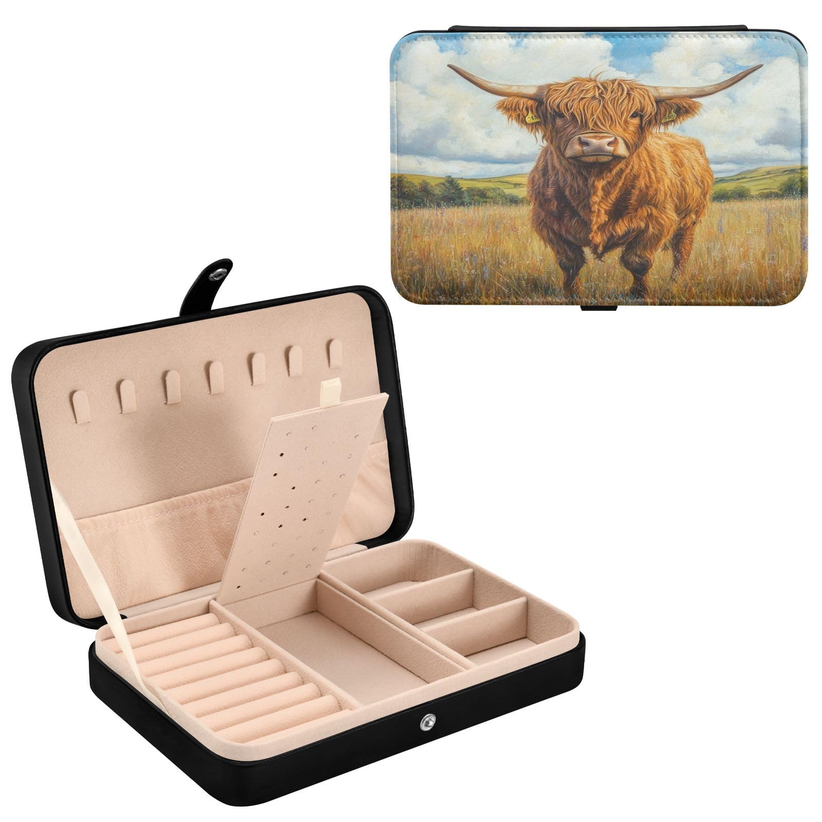 Haskirky Highland Cow Jewelry Box Portable PU Leather Travel Jewelry Organize for Women Jewelry Storage Display Holder for Ring, Necklace, Earring