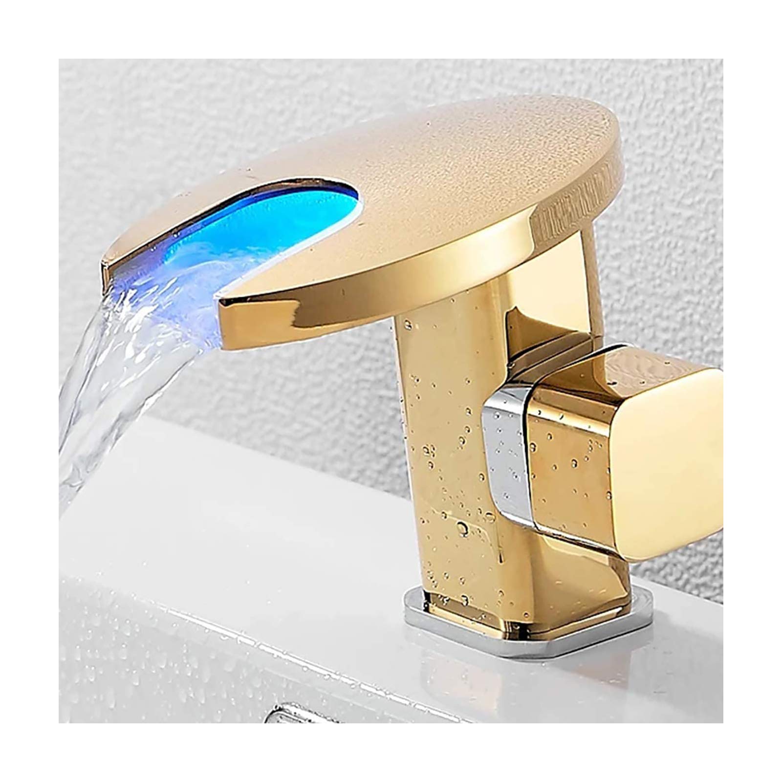 LED Mitigeur Lavabo Cascade, Robinet Salle de Bain en Laiton Robinet Lavabo Monocommande Robinetterie Vasque, Robinet Vasque avec Eau Chaude et Froide,d'or