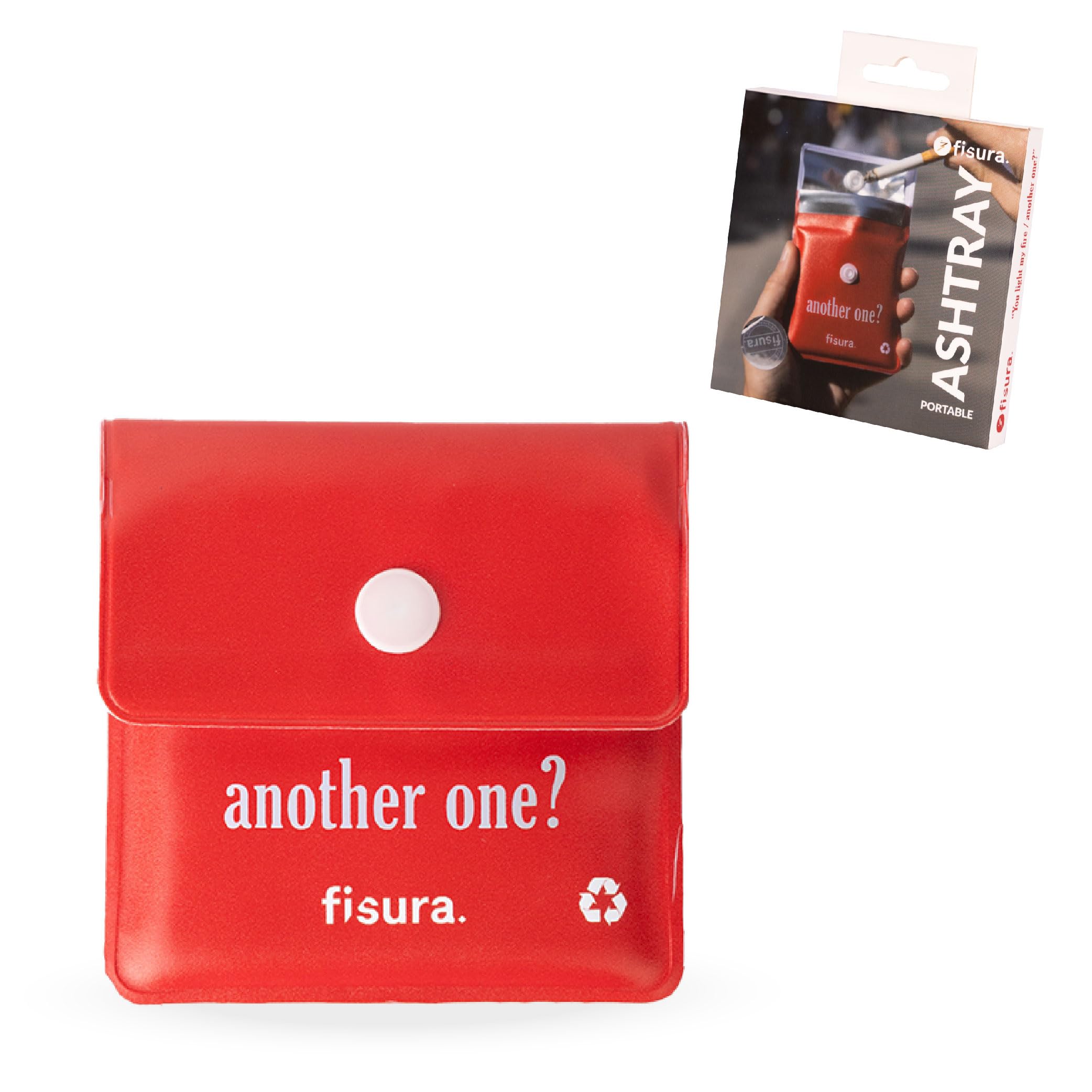 Fisura – Kieszonkowa popielniczka "you light my fire”. Funkcjonalny pojemnik na popiół do podróży i pleneru. Nadaje się do ponownego użycia. Wymiary 8 x 8 cm.