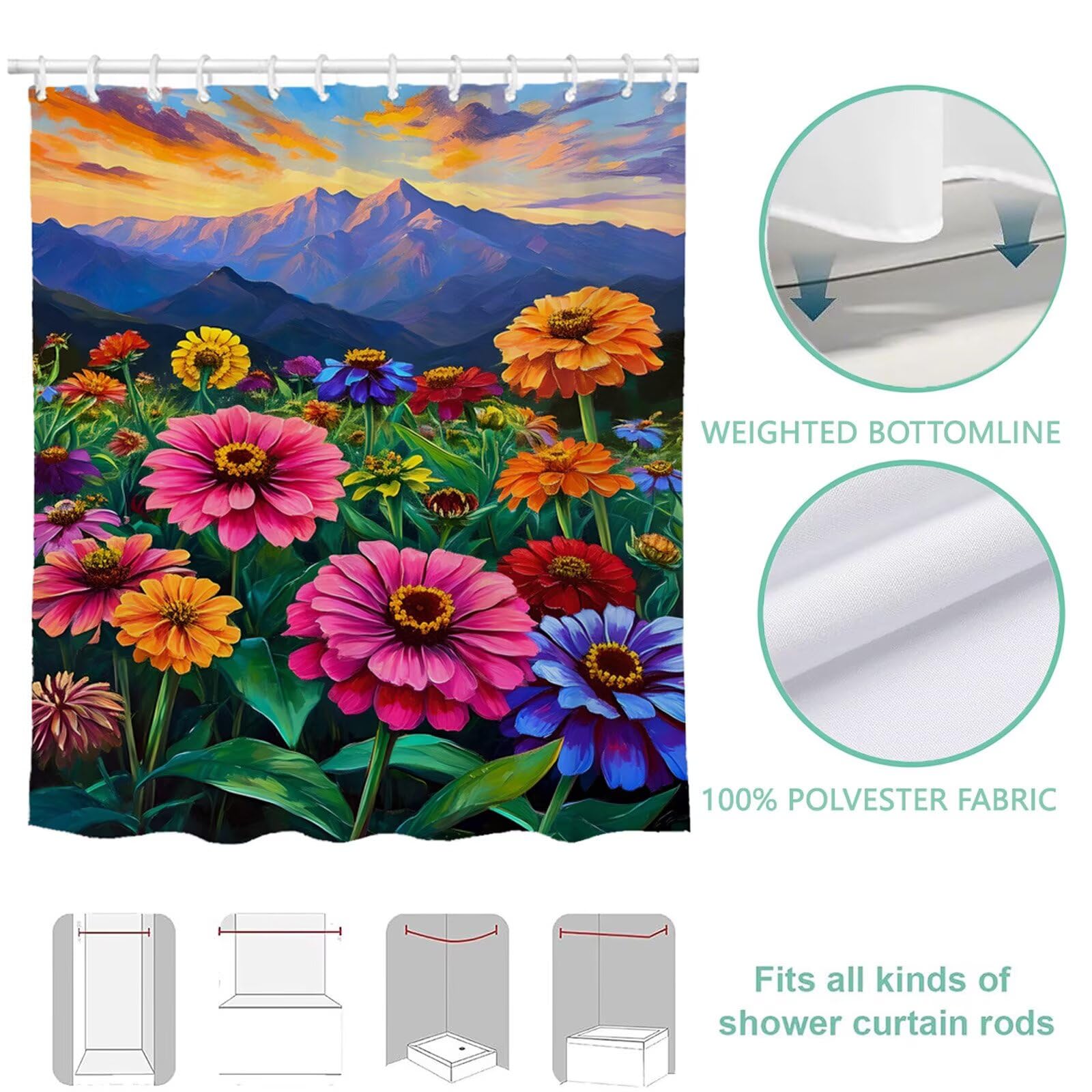 Duschvorhang 180x220 cm Blume Shower Curtains Berg mit Gewicht und 12 Plastik Haken, Anti Schimmel Wasserdicht, Waschbar Schnelltrocknender Polyester Stoff, Dekorative Vorhang für Bad Badewanne 6H-265