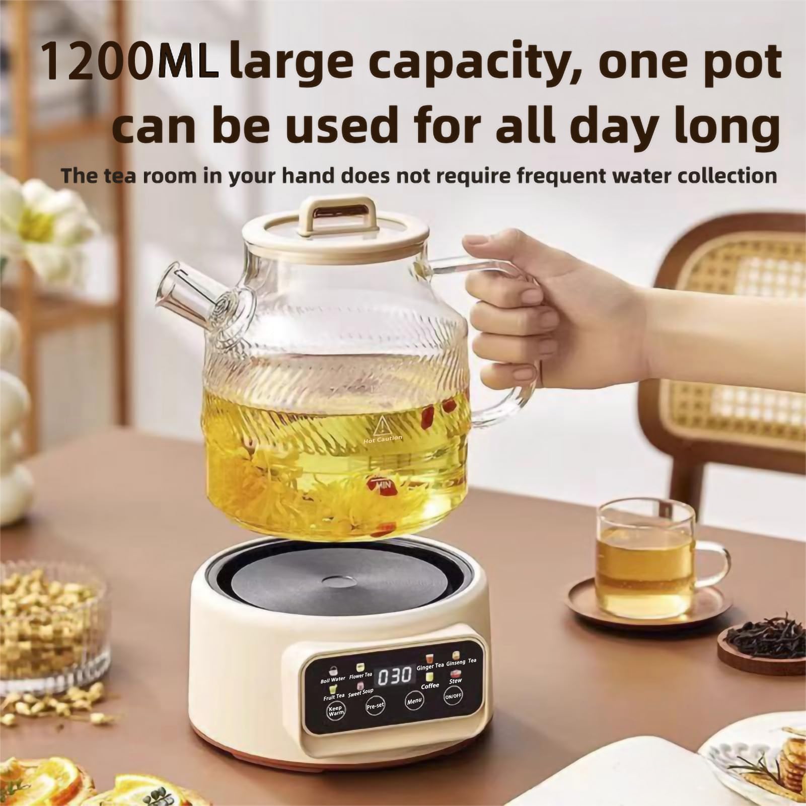 Théière Électrique Multifonction 1200ml, 8 Modes de Préparation, Base Chauffante avec Écran Digital, Carafe en Verre, Blanc